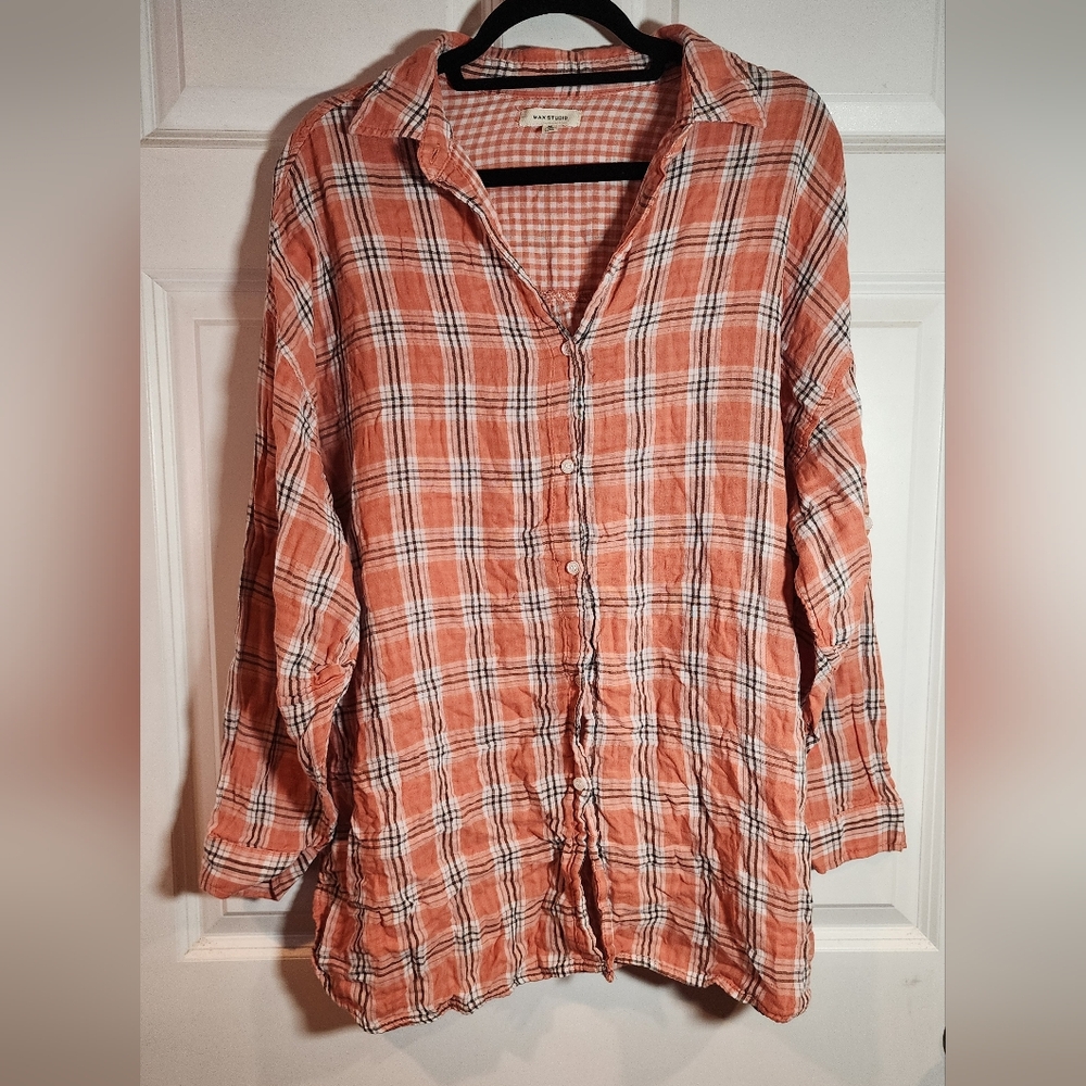 Max Studio Peach And White Plaid Button Up Oversized Shirt M